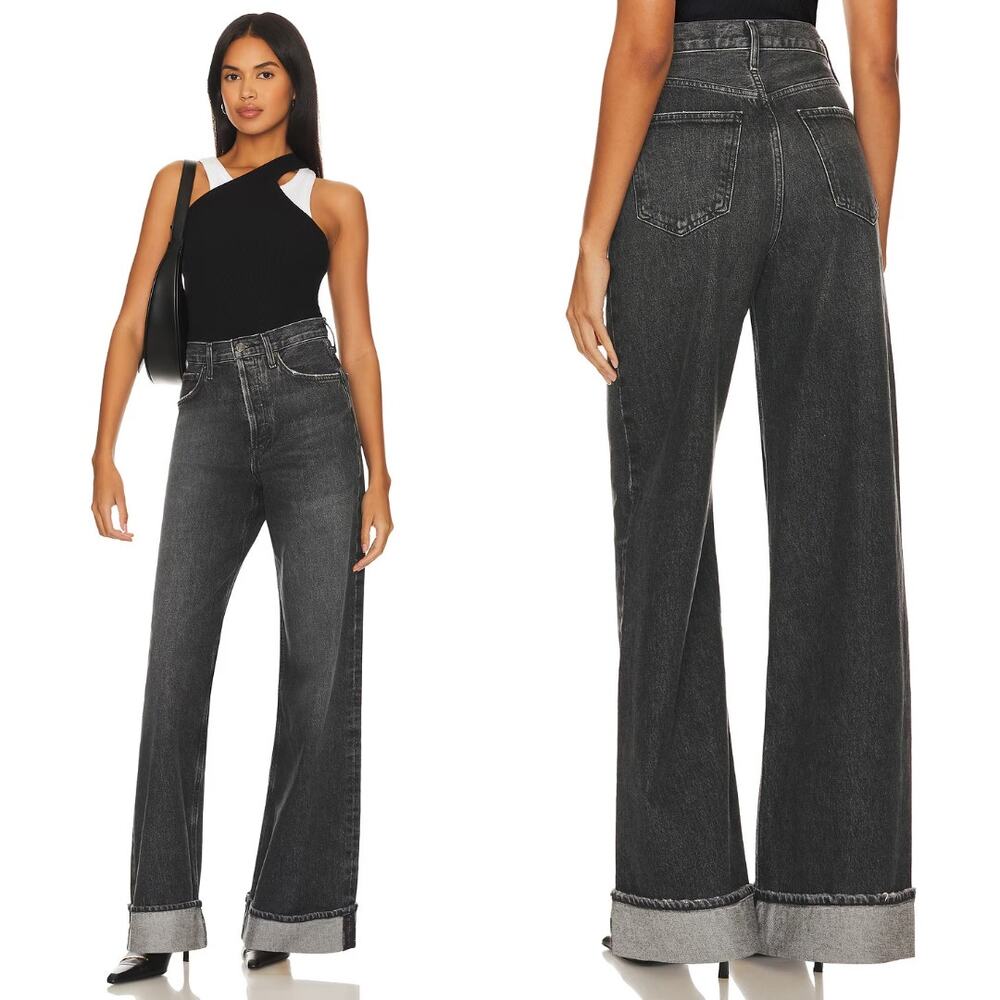 AGOLDE Dame Jean High Rise Wide Leg Size 32 Ditch Black Cuffed Jeans